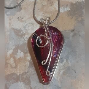 Artisan RED SILVER PINK BURGANDY Dichroic Layered Glass & Sterling  Pendant 18"